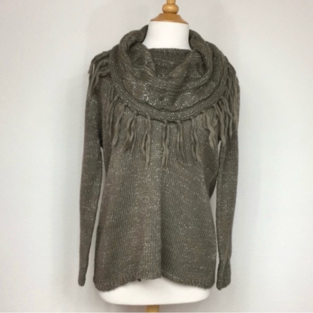 Elementz Taupe Metallic Thick Knot Fringe Turtleneck Sweater Size XL Western